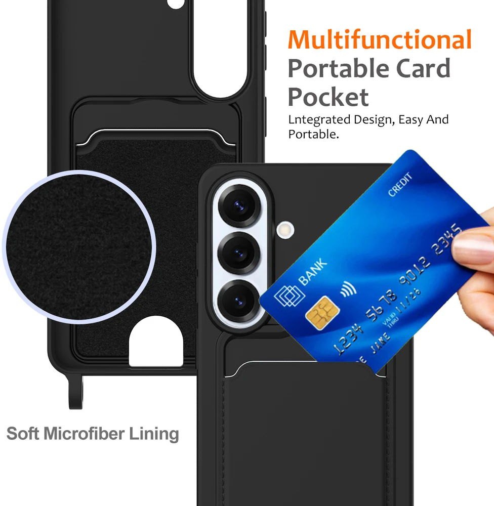 Dėklas Hurtel Samsung Galaxy S26 TPU Case with Card Holder and Crossbody Lanyard – juodos spalvos