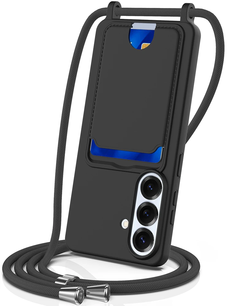 Dėklas Hurtel Samsung Galaxy S26 TPU Case with Card Holder and Crossbody Lanyard – juodos spalvos