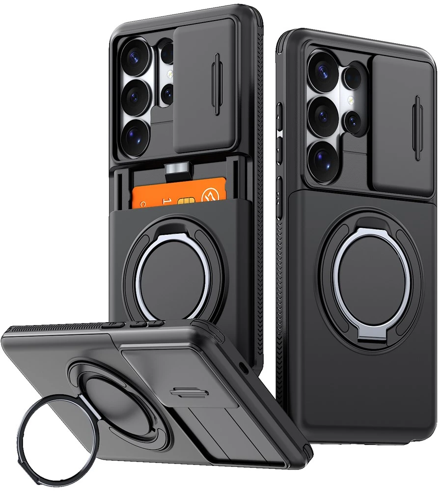Hurtel Samsung Galaxy S26 Ultra magnetinis dėklas su 360° metaliniu žiedu ir kameros apsauga – juodos spalvos