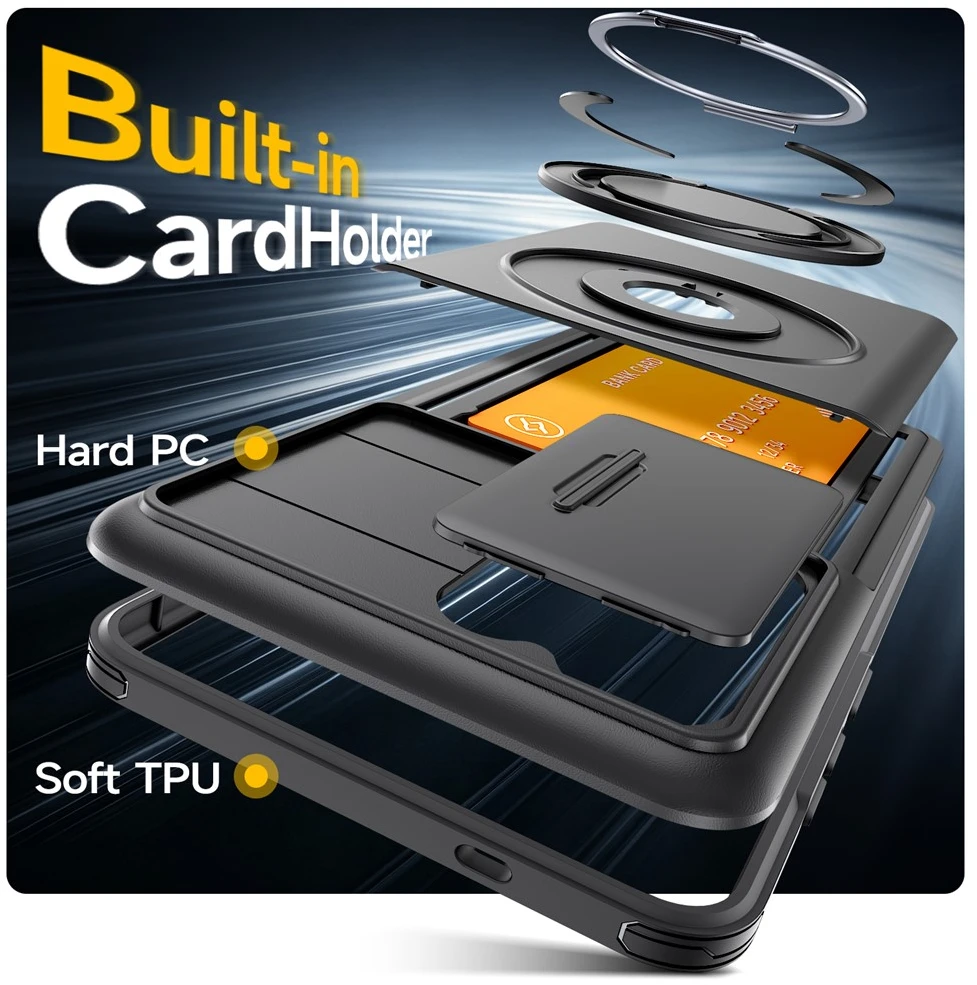 Hurtel Samsung Galaxy S26 Ultra magnetinis dėklas su 360° metaliniu žiedu ir kameros apsauga – juodos spalvos