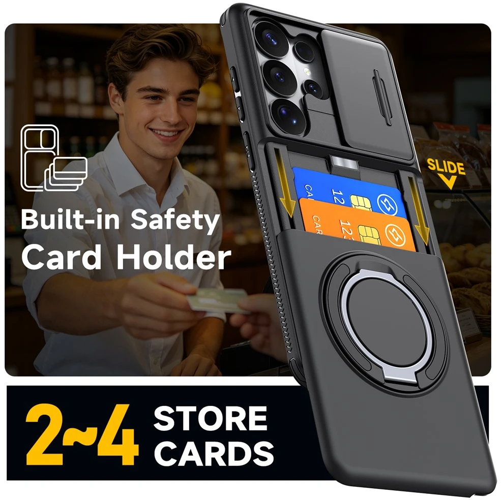 Hurtel Samsung Galaxy S26 Ultra magnetinis dėklas su 360° metaliniu žiedu ir kameros apsauga – juodos spalvos