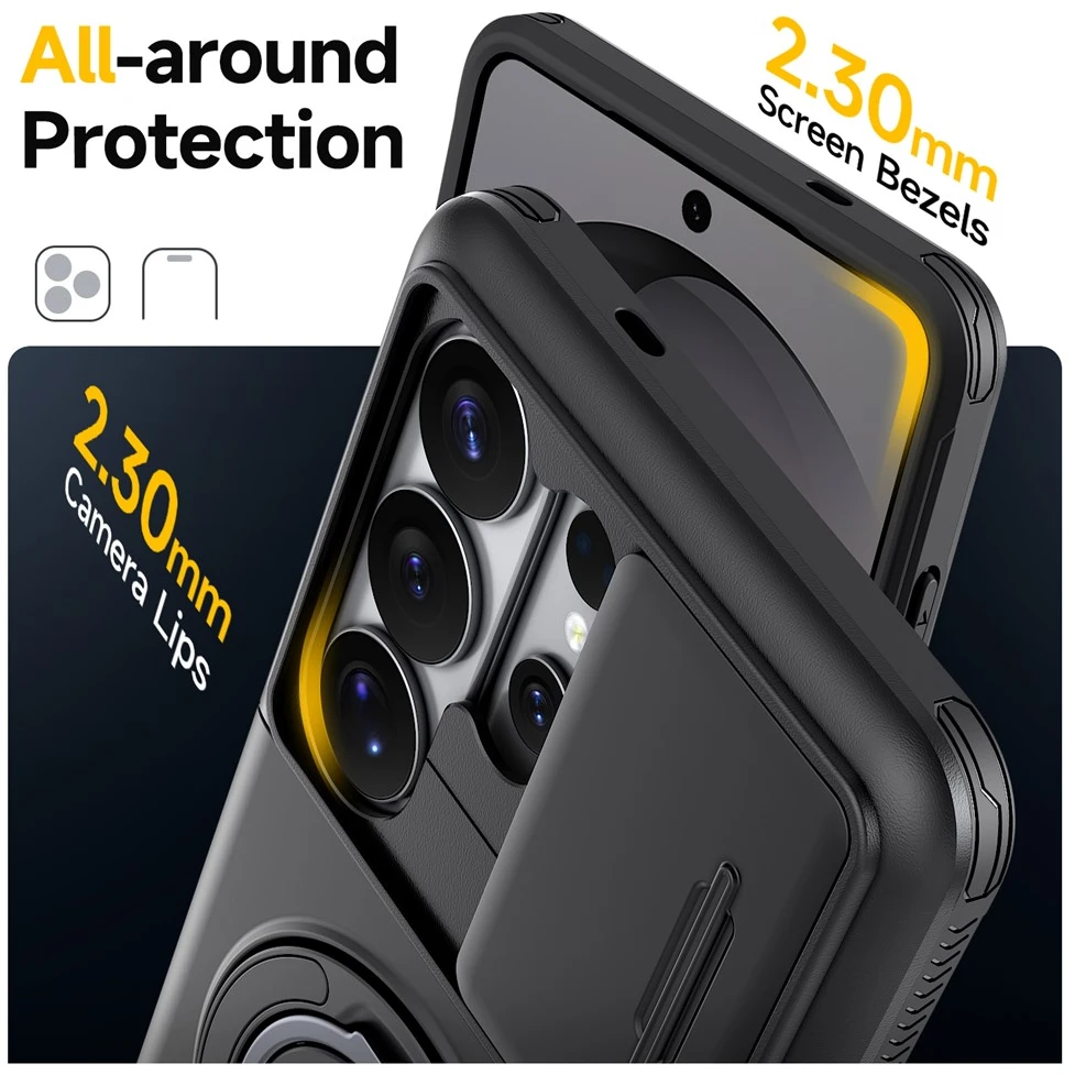 Hurtel Samsung Galaxy S26 Ultra magnetinis dėklas su 360° metaliniu žiedu ir kameros apsauga – juodos spalvos