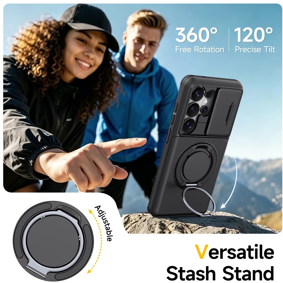 Hurtel Samsung Galaxy S26 Ultra magnetinis dėklas su 360° metaliniu žiedu ir kameros apsauga – juodos spalvos
