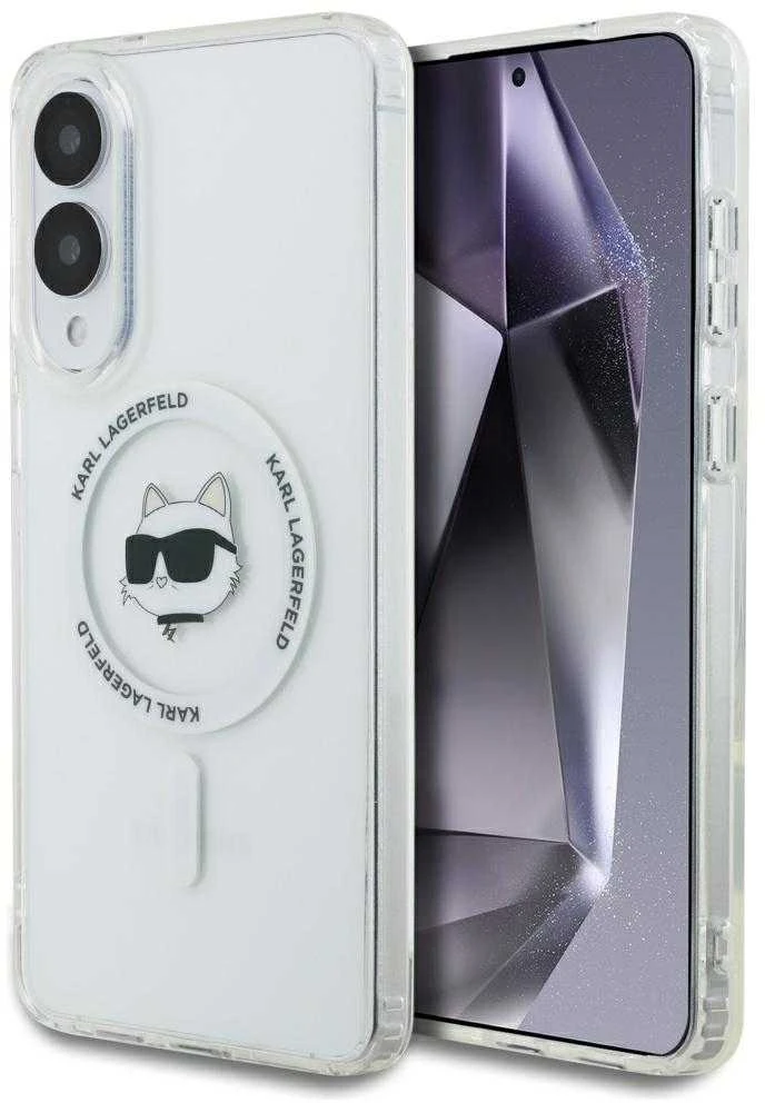 Dėklas Karl Lagerfeld Button Choupette Head Printed Logo MagSafe Samsung Galaxy S25 Edge baltos spalvos
