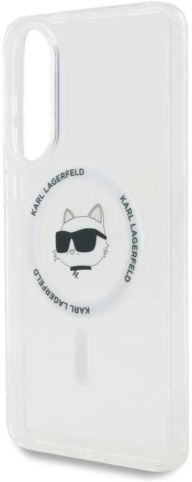 Dėklas Karl Lagerfeld Button Choupette Head Printed Logo MagSafe Samsung Galaxy S25 Edge baltos spalvos