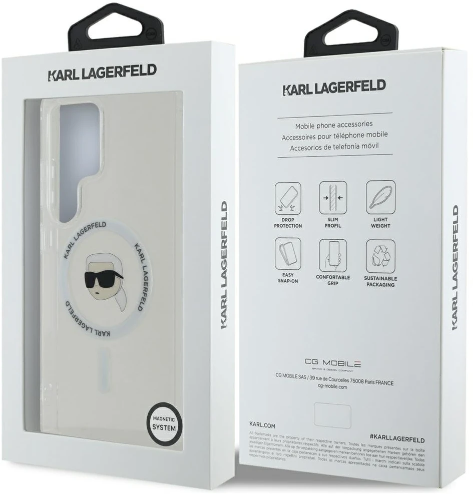 Dėklas Karl Lagerfeld Button Karl Head Printed Logo MagSafe Samsung Galaxy S25 Ultra baltos spalvos