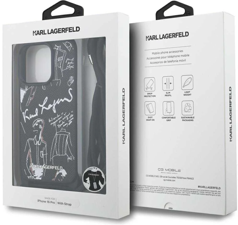 Karl Lagerfeld dėklas, skirtas IPHONE 16 PRO KLHCP16LPGGRMPCK, suderinamas su „MagSafe“ (CRSSBY grūdėtas PU su raštu ir logotipu), juodas