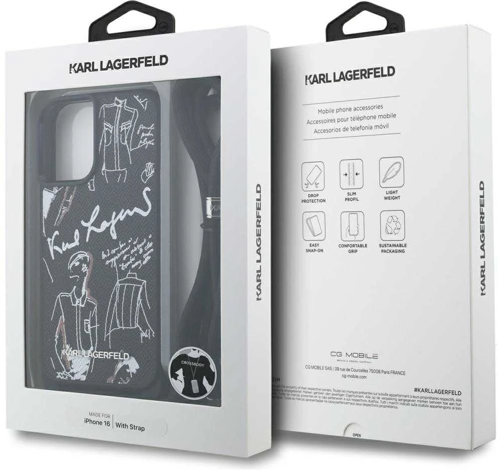 Karl Lagerfeld dėklas, skirtas IPHONE 16 KLHCP16SPGGRMPCK, suderinamas su „MagSafe“ (CRSSBY grūdėtas PU su raštu ir logotipu), juodas