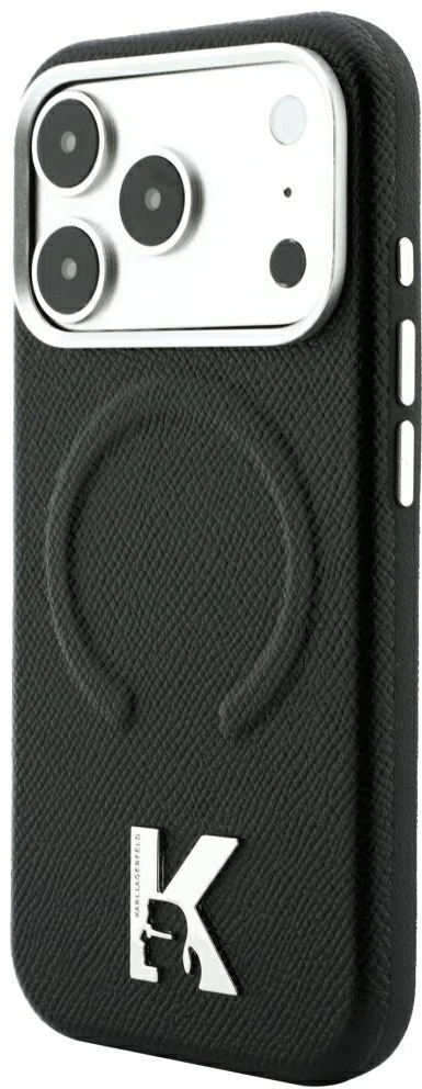 Karl Lagerfeld dėklas IPHONE 18 Pro Max/17 Pro Max suderinamas su MagSafe (grūdintas reljefinis žiedas ir Kameo logotipas) juodas