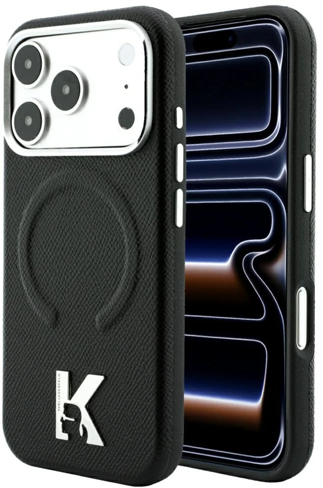 Karl Lagerfeld dėklas IPHONE 18 Pro Max/17 Pro Max suderinamas su MagSafe (grūdintas reljefinis žiedas ir Kameo logotipas) juodas