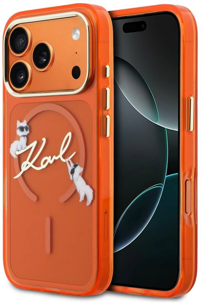 Karl Lagerfeld IML Choupettes Karl Script Logo MagSafe dėklas, skirtas iPhone 17 Pro – Oranžinis