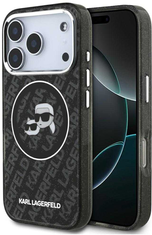 Dėklas Karl Lagerfeld IML Glitter Karl & Choupette Heads Logo MagSafe, skirtas iPhone 17 Pro, juodas
