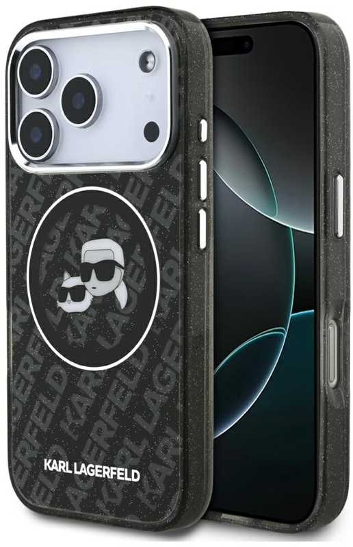 Karl Lagerfeld IML Glitter Karl & Choupette Heads Logo MagSafe - dėklas skirtas Apple iPhone 17 Pro juodas