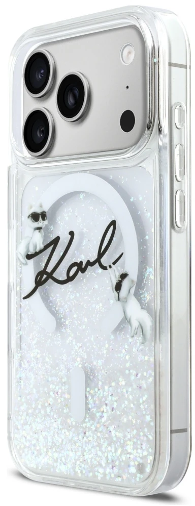 „Karl Lagerfeld“ skysto blizgučio „Karl Script“ logotipo „MagSafe“ dėklas, skirtas „iPhone 17 Pro“ – skaidrus