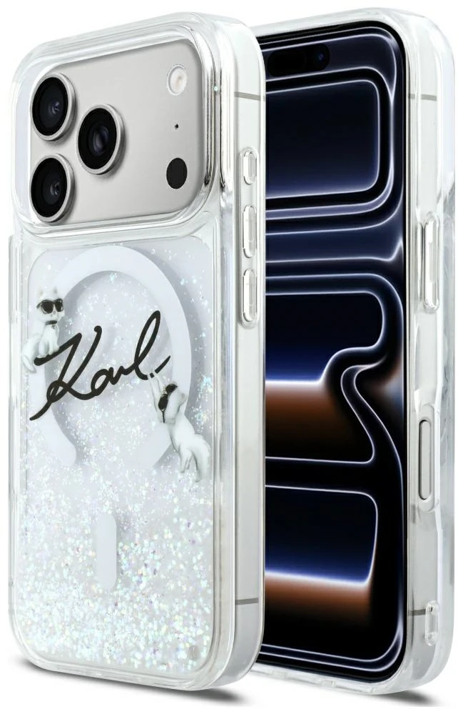 „Karl Lagerfeld“ skysto blizgučio „Karl Script“ logotipo „MagSafe“ dėklas, skirtas „iPhone 17 Pro“ – skaidrus