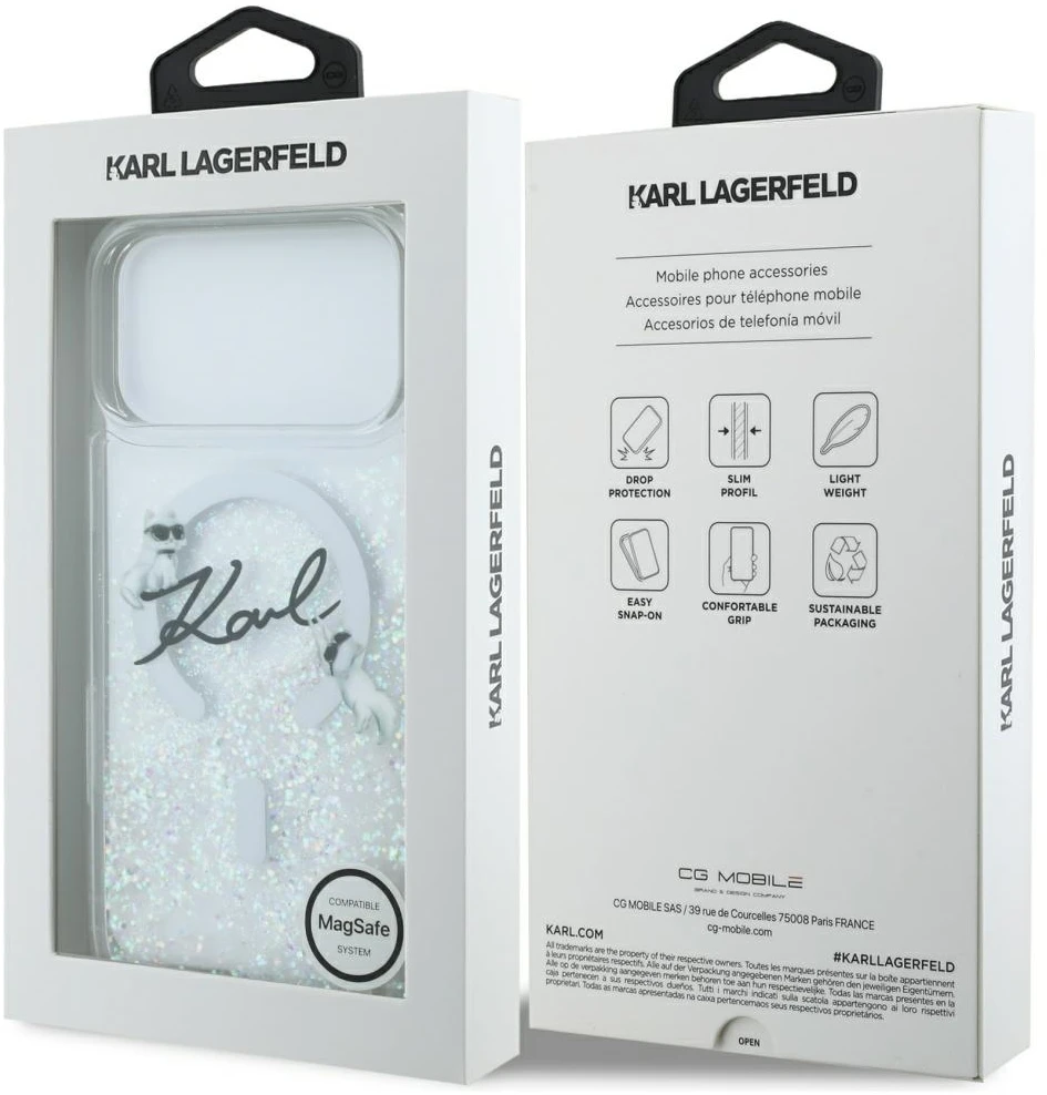 „Karl Lagerfeld“ skysto blizgučio „Karl Script“ logotipo „MagSafe“ dėklas, skirtas „iPhone 17 Pro Max“ – skaidrus