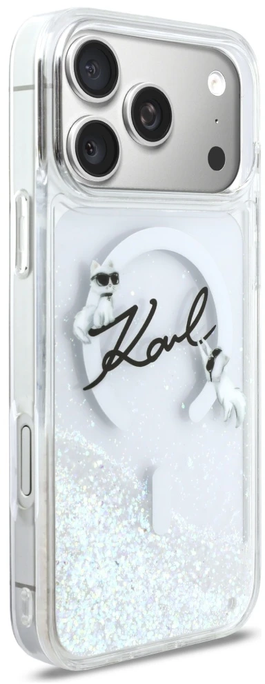 „Karl Lagerfeld“ skysto blizgučio „Karl Script“ logotipo „MagSafe“ dėklas, skirtas „iPhone 17 Pro Max“ – skaidrus