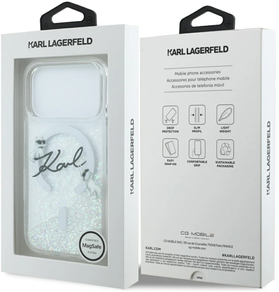 „Karl Lagerfeld“ skysto blizgučio „Karl Script“ logotipo „MagSafe“ dėklas, skirtas „iPhone 17 Pro“ – skaidrus