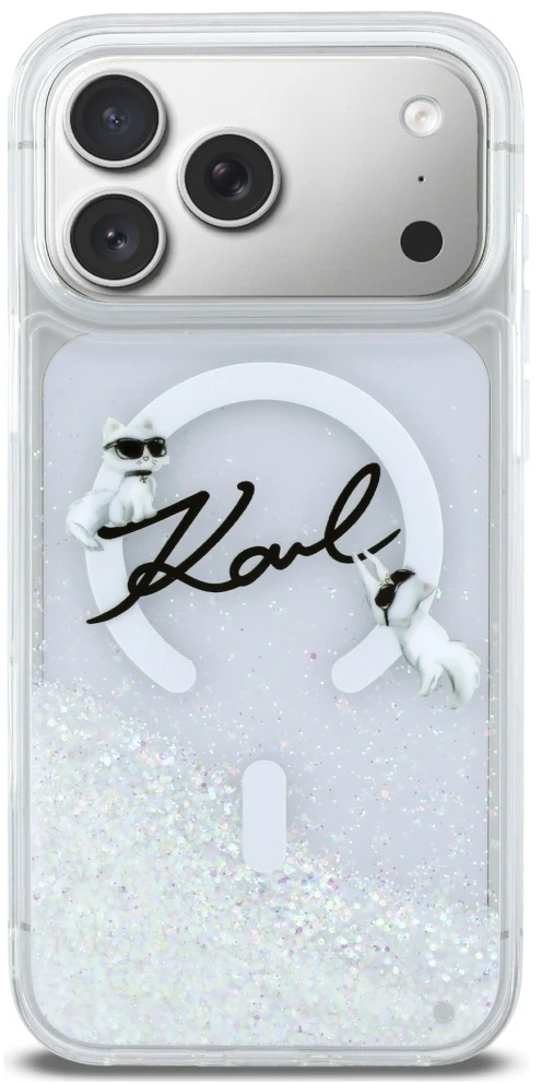 „Karl Lagerfeld“ skysto blizgučio „Karl Script“ logotipo „MagSafe“ dėklas, skirtas „iPhone 17 Pro Max“ – skaidrus