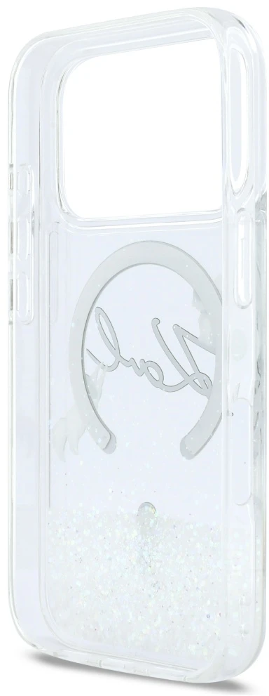 „Karl Lagerfeld“ skysto blizgučio „Karl Script“ logotipo „MagSafe“ dėklas, skirtas „iPhone 17 Pro“ – skaidrus