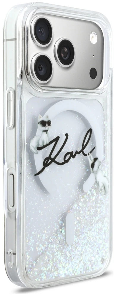 „Karl Lagerfeld“ skysto blizgučio „Karl Script“ logotipo „MagSafe“ dėklas, skirtas „iPhone 17 Pro“ – skaidrus