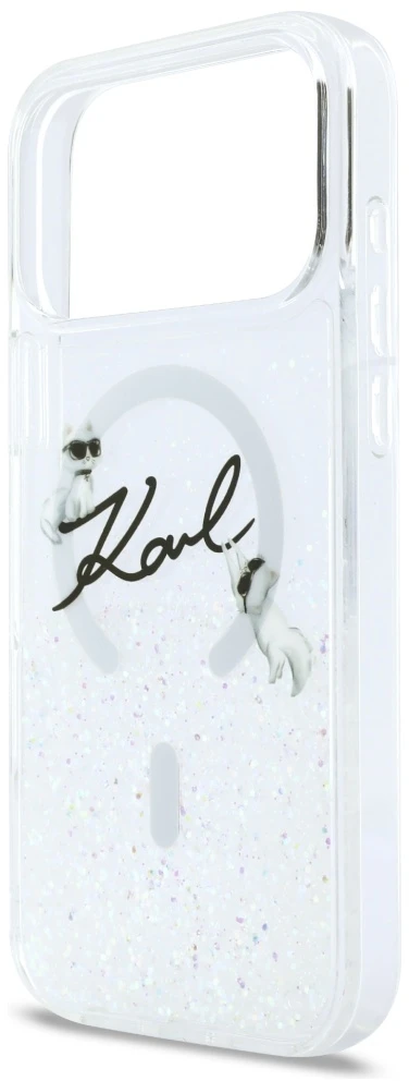 „Karl Lagerfeld“ skysto blizgučio „Karl Script“ logotipo „MagSafe“ dėklas, skirtas „iPhone 17 Pro Max“ – skaidrus