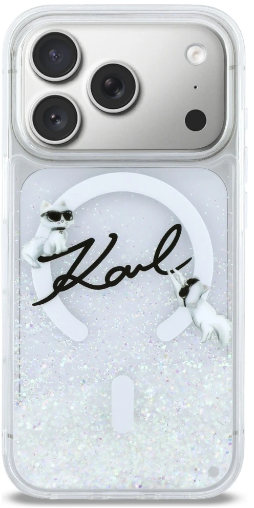 „Karl Lagerfeld“ skysto blizgučio „Karl Script“ logotipo „MagSafe“ dėklas, skirtas „iPhone 17 Pro“ – skaidrus
