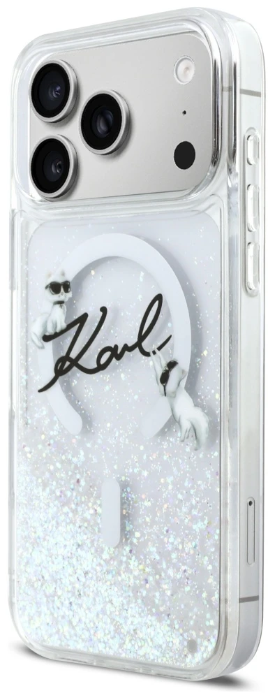 „Karl Lagerfeld“ skysto blizgučio „Karl Script“ logotipo „MagSafe“ dėklas, skirtas „iPhone 17 Pro Max“ – skaidrus