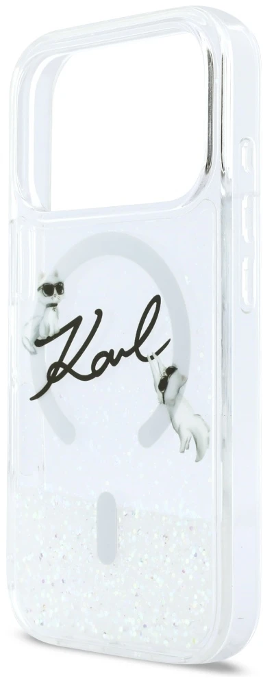 „Karl Lagerfeld“ skysto blizgučio „Karl Script“ logotipo „MagSafe“ dėklas, skirtas „iPhone 17 Pro“ – skaidrus