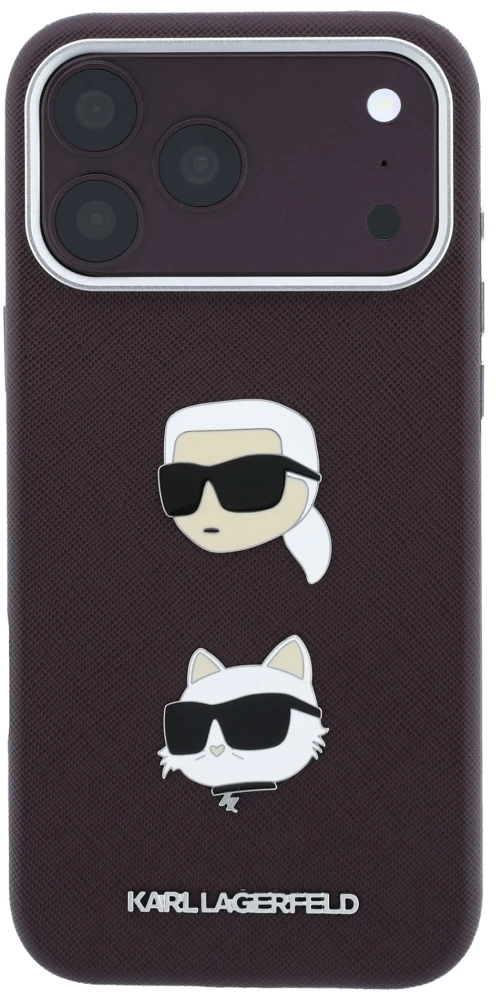 Dėklas Karl Lagerfeld Saffiano su Karl & Choupette Heads smeigtukais ir logotipu, skirtas iPhone 18 Pro / 17 Pro, bordo spalvos