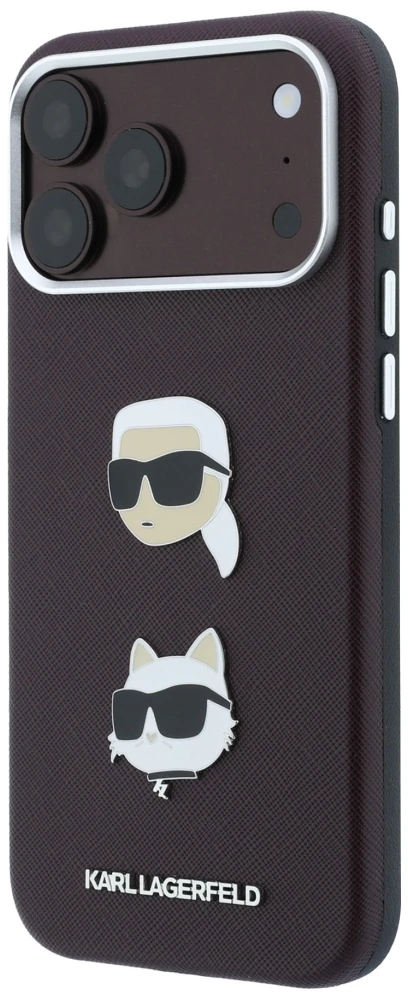 Dėklas Karl Lagerfeld Saffiano su Karl & Choupette Heads smeigtukais ir logotipu, skirtas iPhone 18 Pro / 17 Pro, bordo spalvos