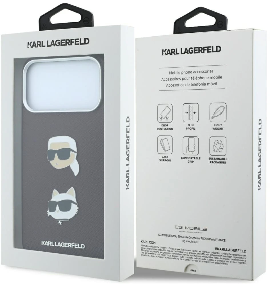 Dėklas Karl Lagerfeld Saffiano su Karl & Choupette Heads smeigtukais ir logotipu, skirtas iPhone 18 Pro / 17 Pro, bordo spalvos