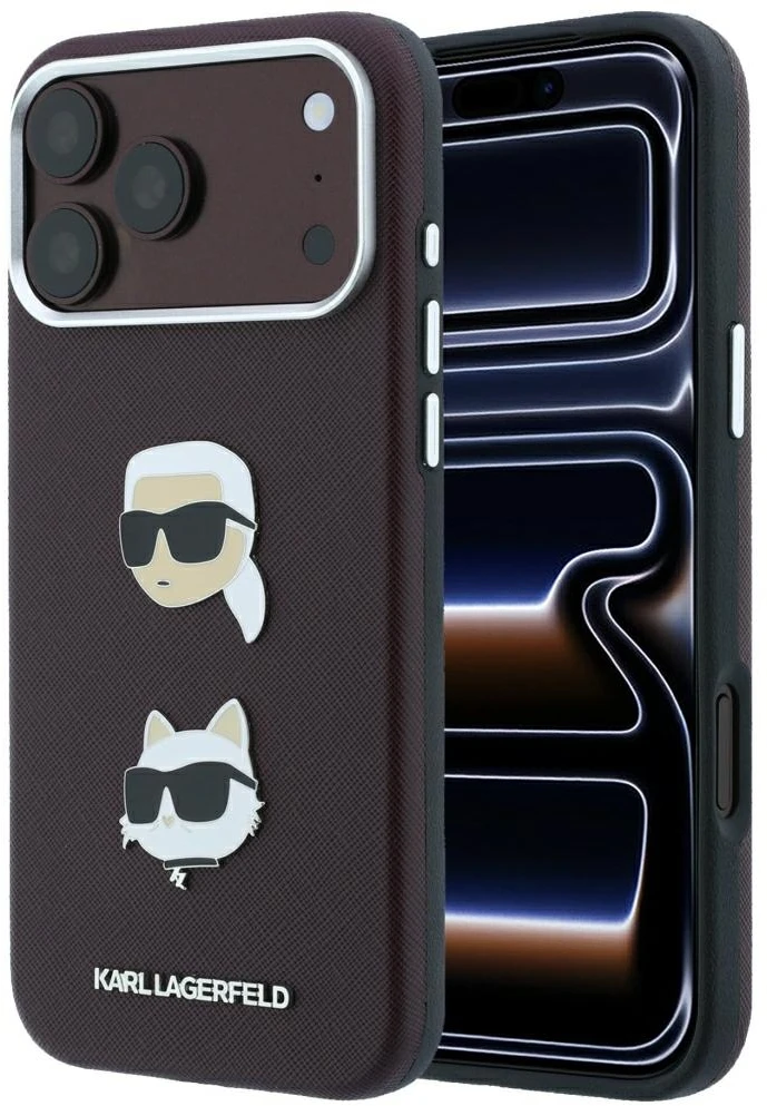 Dėklas Karl Lagerfeld Saffiano su Karl & Choupette Heads smeigtukais ir logotipu, skirtas iPhone 18 Pro / 17 Pro, bordo spalvos