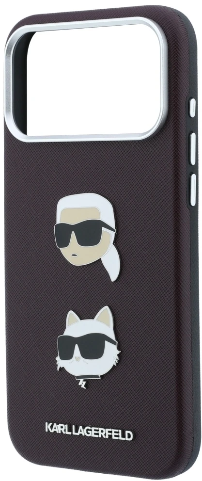 Dėklas Karl Lagerfeld Saffiano su Karl & Choupette Heads smeigtukais ir logotipu, skirtas iPhone 18 Pro / 17 Pro, bordo spalvos