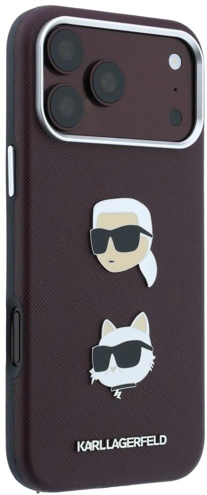 Dėklas Karl Lagerfeld Saffiano su Karl & Choupette Heads smeigtukais ir logotipu, skirtas iPhone 18 Pro / 17 Pro, bordo spalvos