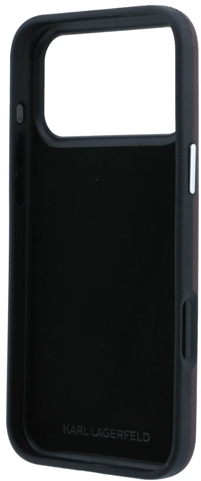 Dėklas Karl Lagerfeld Saffiano su Karl & Choupette Heads smeigtukais ir logotipu, skirtas iPhone 18 Pro / 17 Pro, bordo spalvos