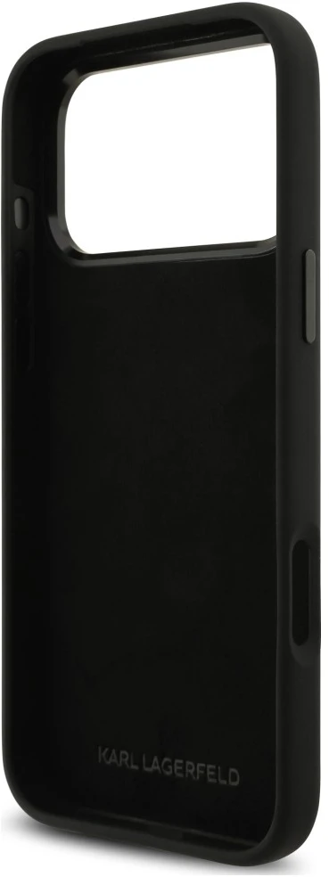 Dėklas Karl Lagerfeld Silicone Karl&Choupette Metal Pin, skirtas iPhone 18 Pro Max / 17 Pro Max, juodas