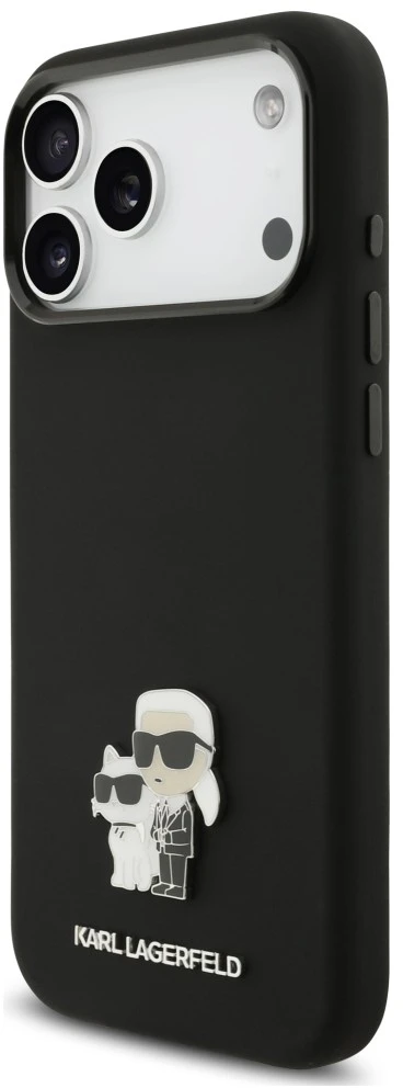 Dėklas Karl Lagerfeld Silicone Karl&Choupette Metal Pin, skirtas iPhone 18 Pro Max / 17 Pro Max, juodas