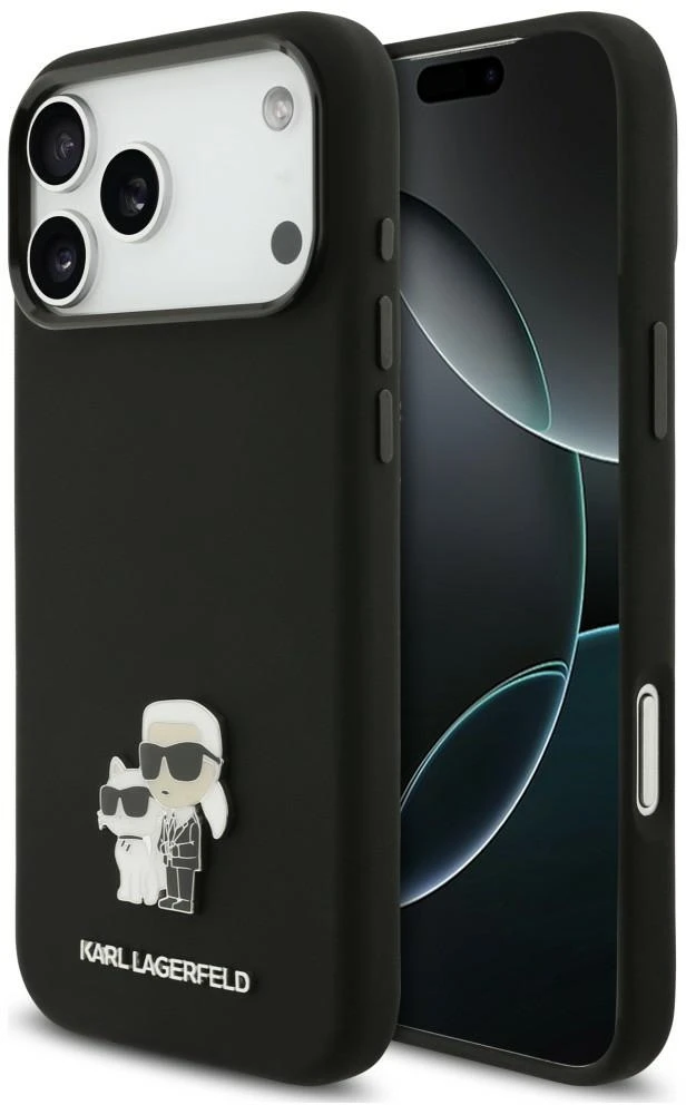 Dėklas Karl Lagerfeld Silicone Karl&Choupette Metal Pin, skirtas iPhone 18 Pro Max / 17 Pro Max, juodas
