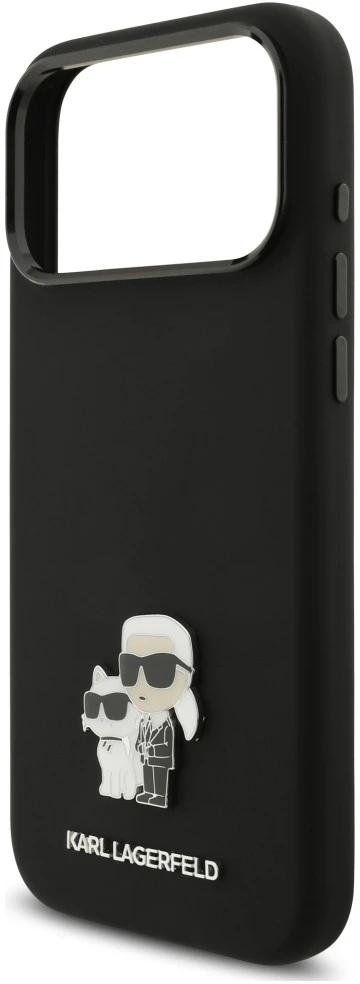 Dėklas Karl Lagerfeld Silicone Karl&Choupette Metal Pin, skirtas iPhone 18 Pro Max / 17 Pro Max, juodas