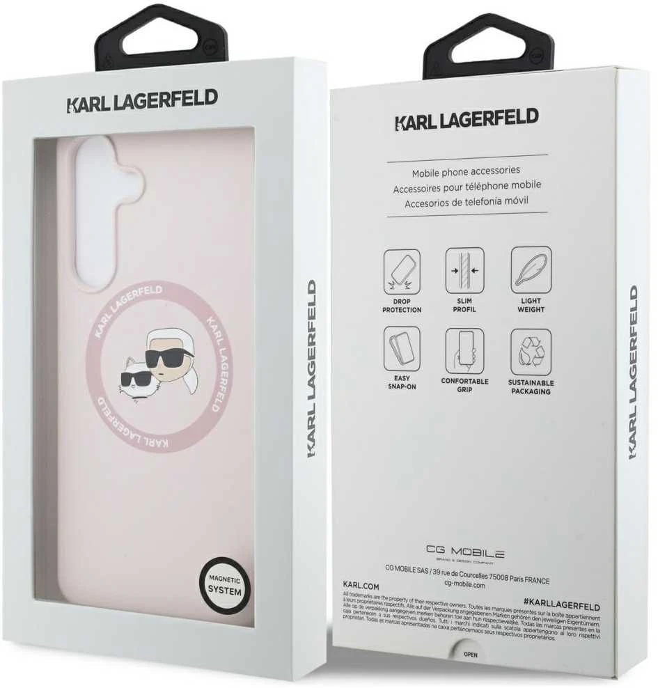 Dėklas Karl Lagerfeld Silicone Karl&Choupette Heads MagSafe skirtas Samsung Galaxy S25 FE rožinės spalvos