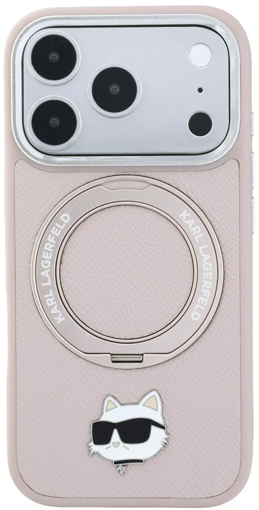Karl Lagerfeld dėklas su 360° žiediniu stovu Choupette Head Pin MagSafe, skirtas iPhone 18 Pro / 17 Pro, rožinis