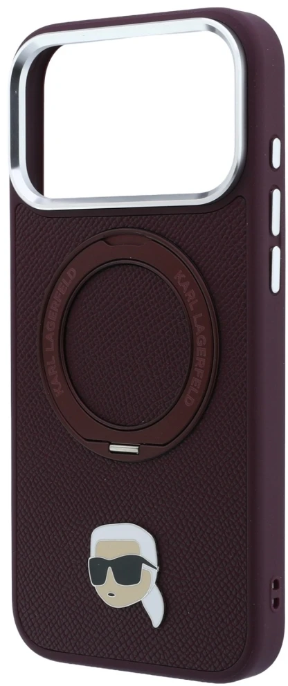 Dėklas Karl Lagerfeld su žiediniu stovu 360 Karl Head Pin MagSafe, skirtas iPhone 18 Pro / 17 Pro, bordo spalvos