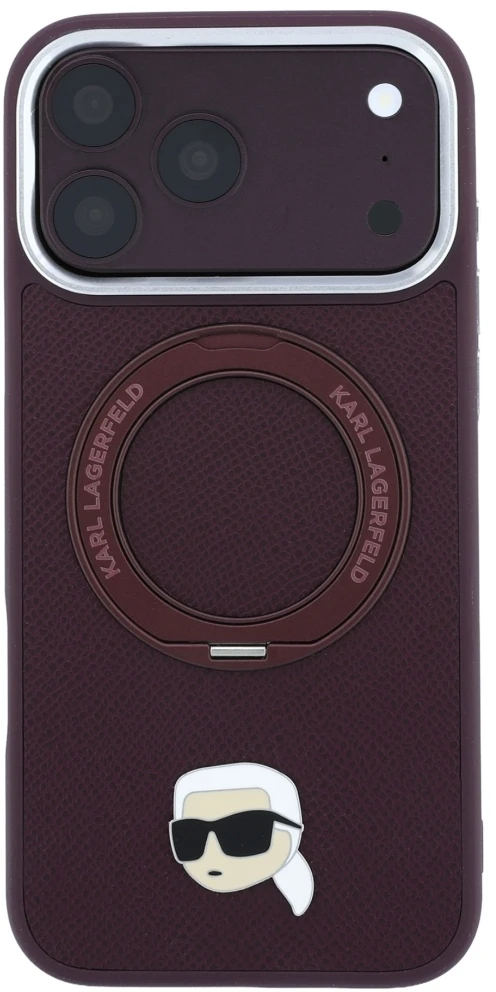 Dėklas Karl Lagerfeld su žiediniu stovu 360 Karl Head Pin MagSafe, skirtas iPhone 18 Pro / 17 Pro, bordo spalvos