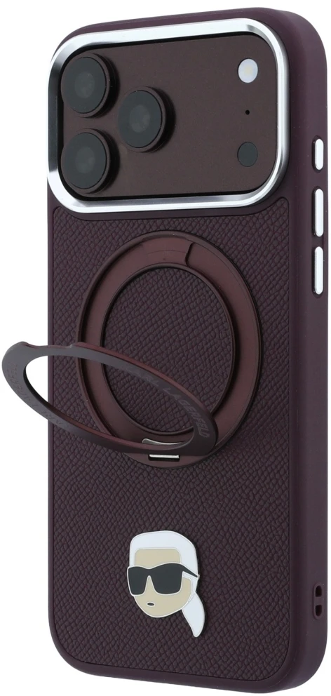 Dėklas Karl Lagerfeld su žiediniu stovu 360 Karl Head Pin MagSafe, skirtas iPhone 18 Pro / 17 Pro, bordo spalvos