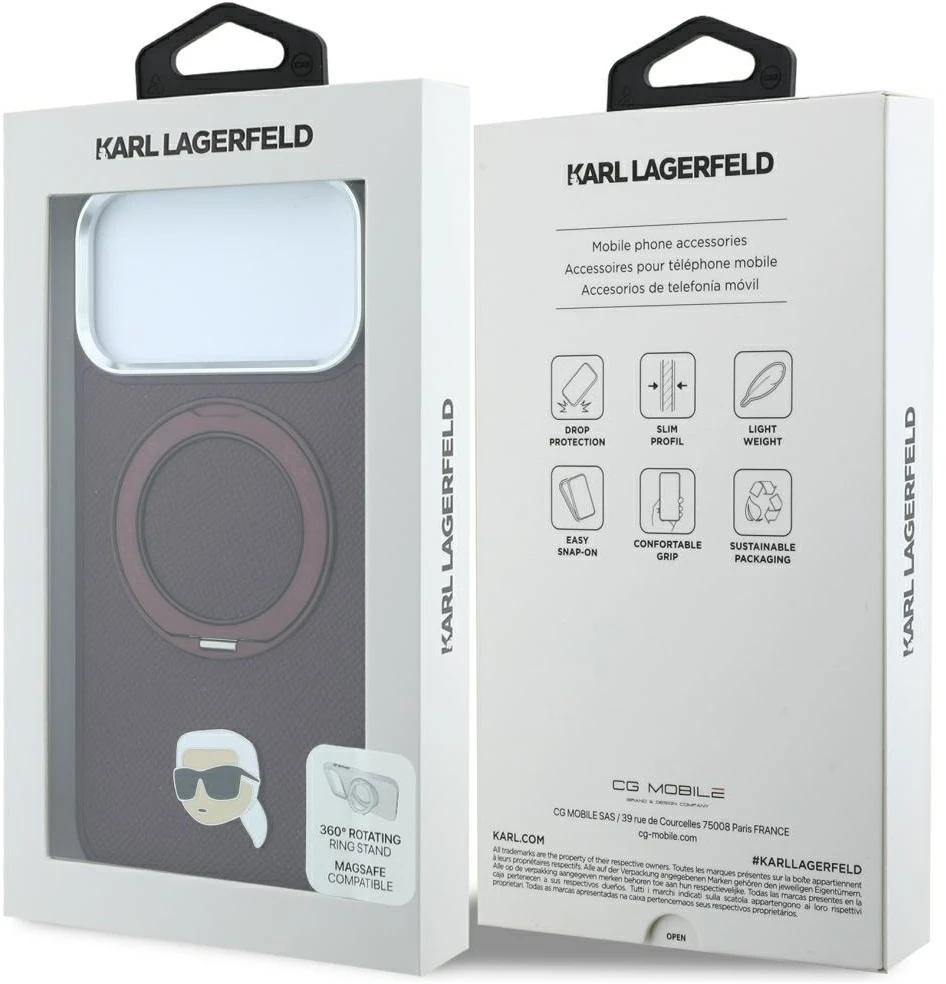 Dėklas Karl Lagerfeld su žiediniu stovu 360 Karl Head Pin MagSafe, skirtas iPhone 18 Pro / 17 Pro, bordo spalvos