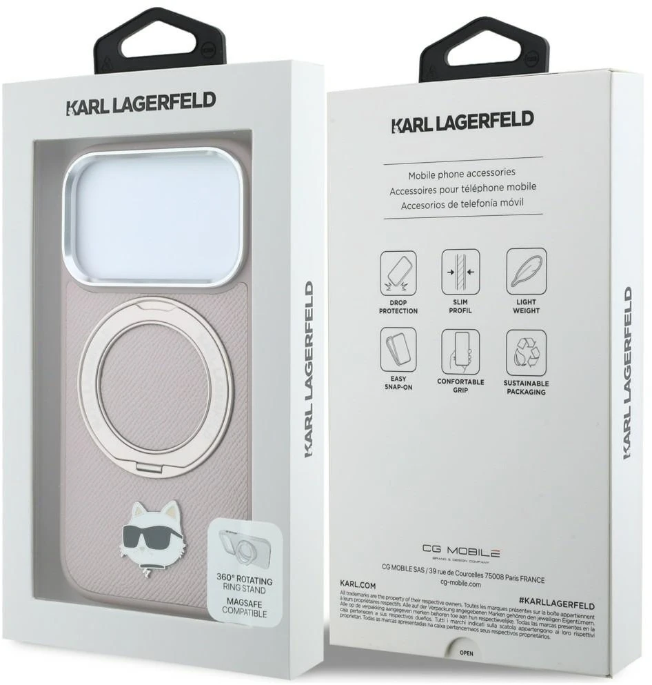 Karl Lagerfeld dėklas su 360° žiediniu stovu Choupette Head Pin MagSafe, skirtas iPhone 18 Pro / 17 Pro, rožinis