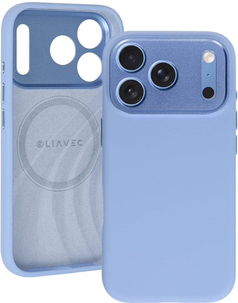 Liavec Silk Shield dėklas su metaliniu kameros rėmeliu, skirtas iPhone 18 Pro/17 Pro, šviesiai mėlynas