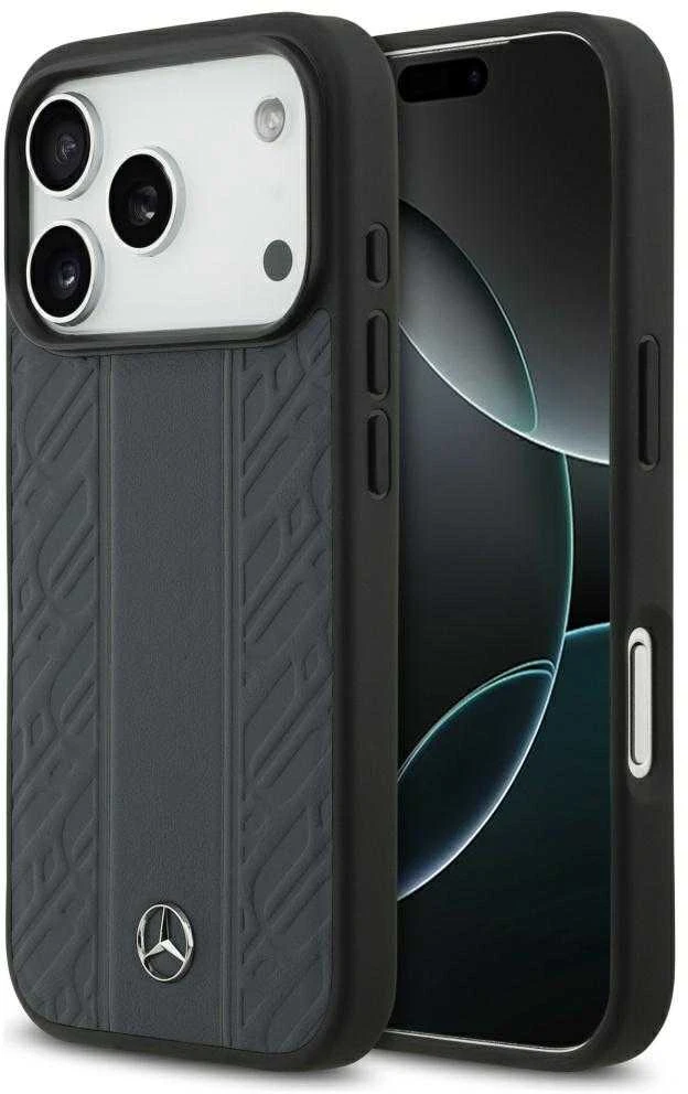 Dėklas Mercedes Leather Laurel Leaves Stripes MagSafe Apple iPhone 17 Pro mėlynas