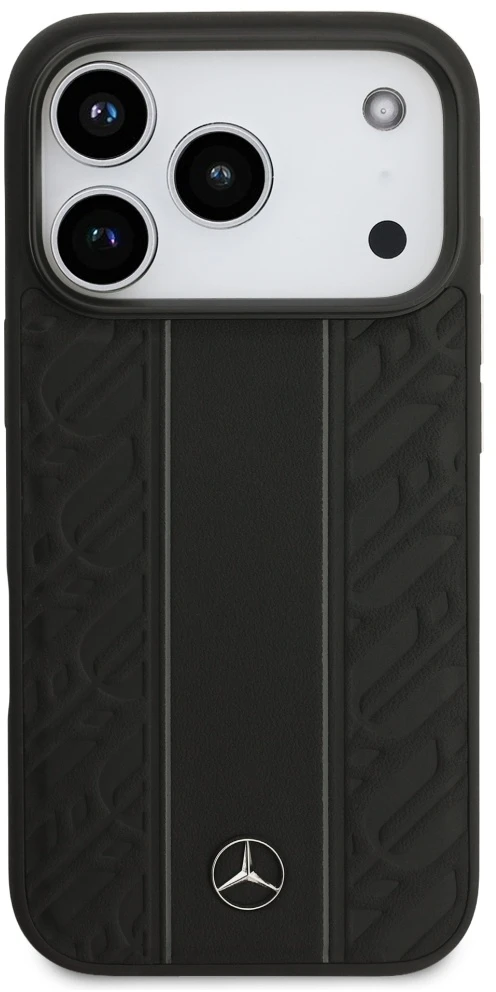 Dėklas Mercedes Leather Laurel Leaves Stripes MagSafe Apple iPhone 17 Pro juodos spalvos